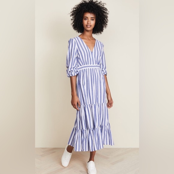 Madewell Dresses & Skirts - Madewell Midi Maxi Dress Size 14 Ava Blue White Striped Ruffle Tiered V Neck